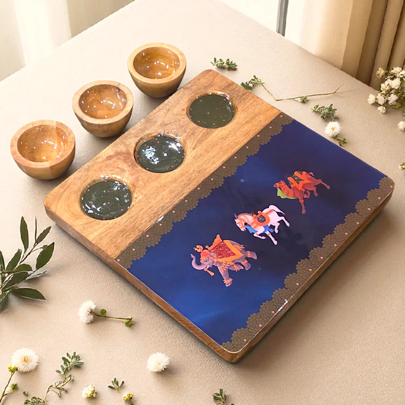 3 Bowl Wooden Snack Platter - Blue Royalty
