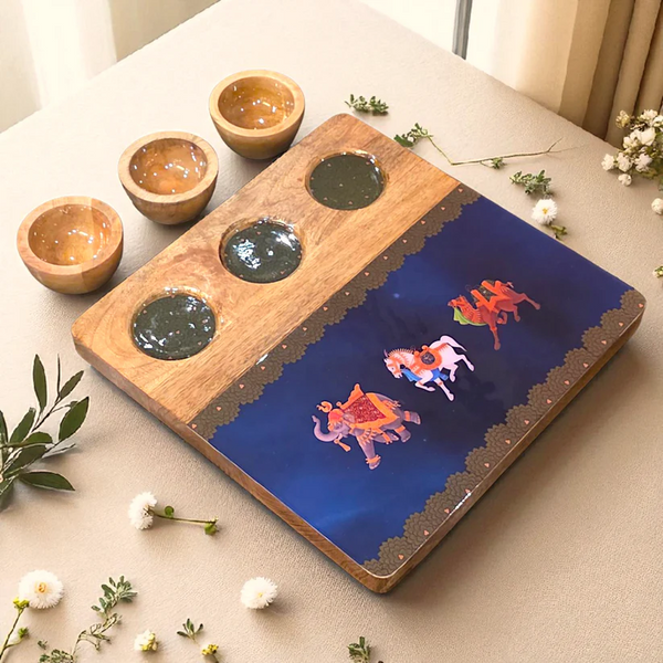 3 Bowl Wooden Snack Platter - Blue Royalty