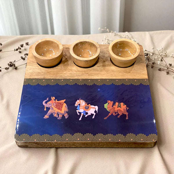 3 Bowl Wooden Snack Platter - Blue Royalty
