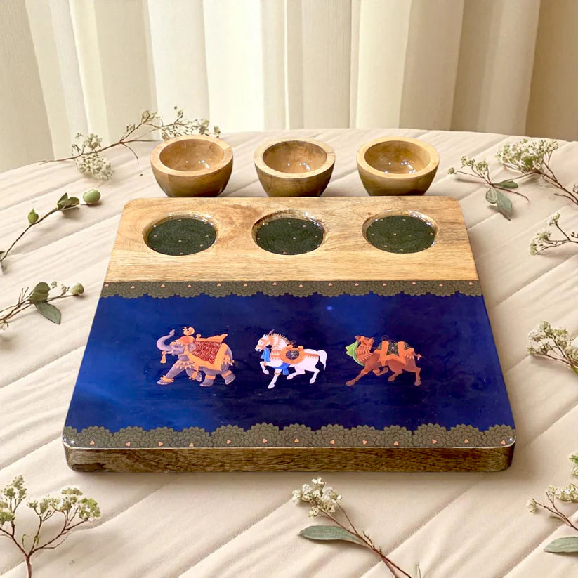 3 Bowl Wooden Snack Platter - Blue Royalty