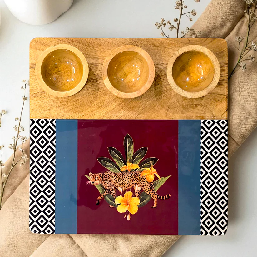 3 Bowl Wooden Snack Platter - Botanical Extravaganza