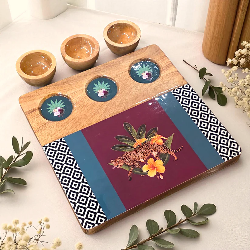 3 Bowl Wooden Snack Platter - Botanical Extravaganza
