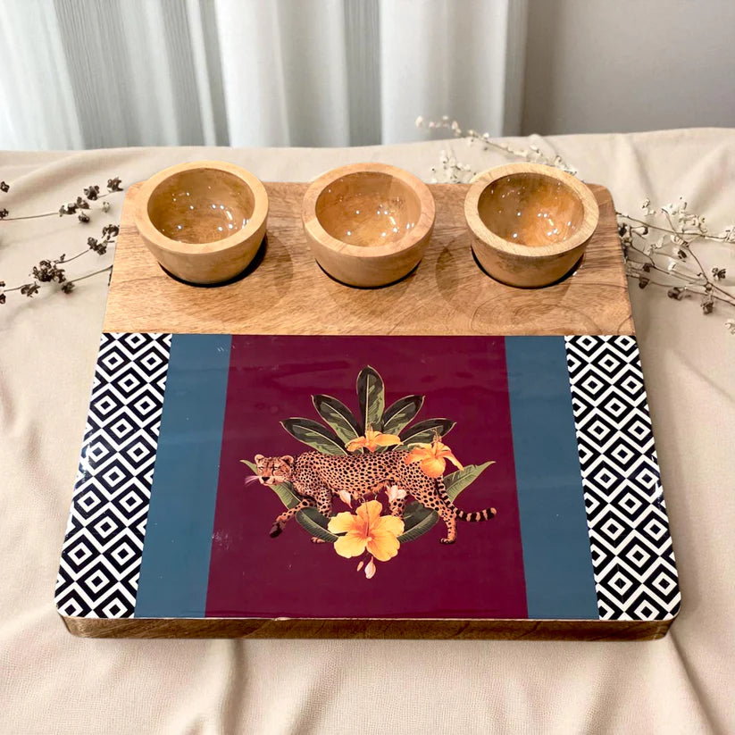 3 Bowl Wooden Snack Platter - Botanical Extravaganza