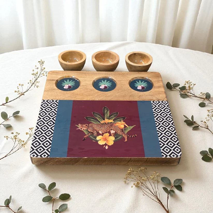 3 Bowl Wooden Snack Platter - Botanical Extravaganza