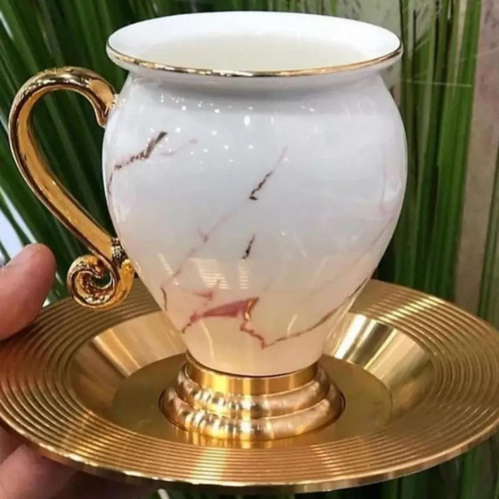 Marble Luxe Gold-Rimmed Cup & Saucer Set (6 pcs)