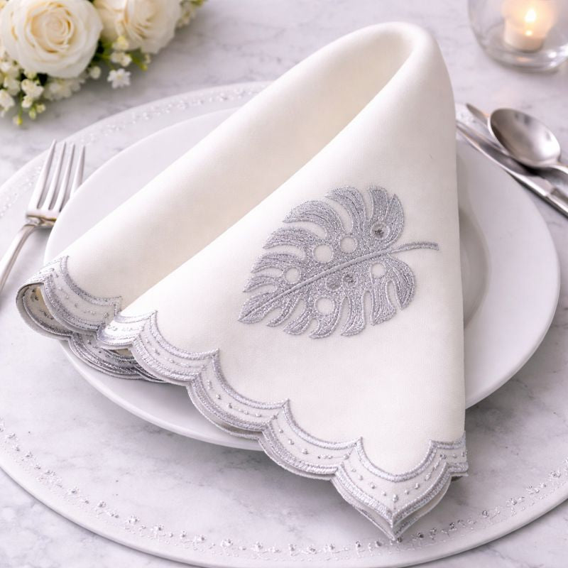 Silver Monstera Ivory Luxe Napkin