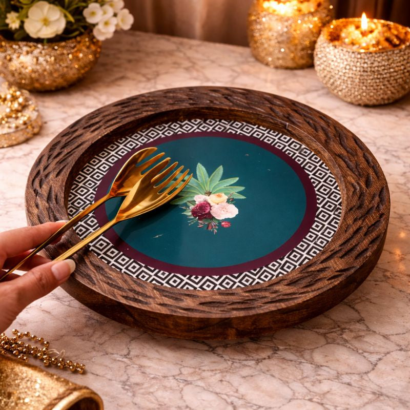 Sun Moon Wooden Platter - Botanical Extravaganza with Golden Tong