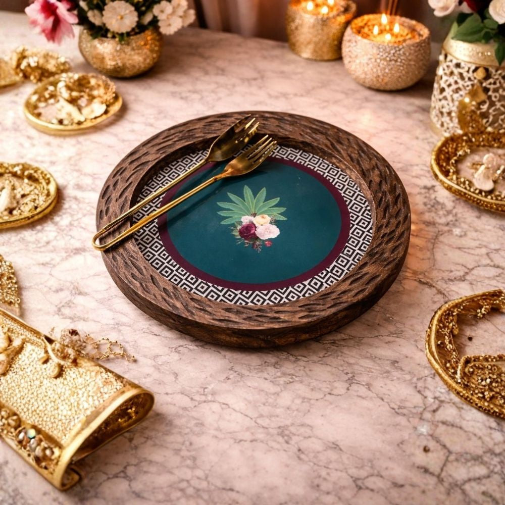 Sun Moon Wooden Platter - Botanical Extravaganza with Golden Tong