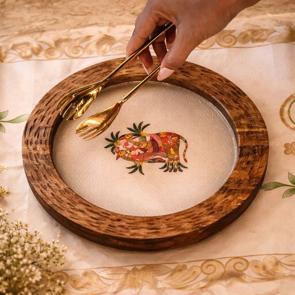 Sun Moon Wooden Platter - The Deer Story with Golden Tong