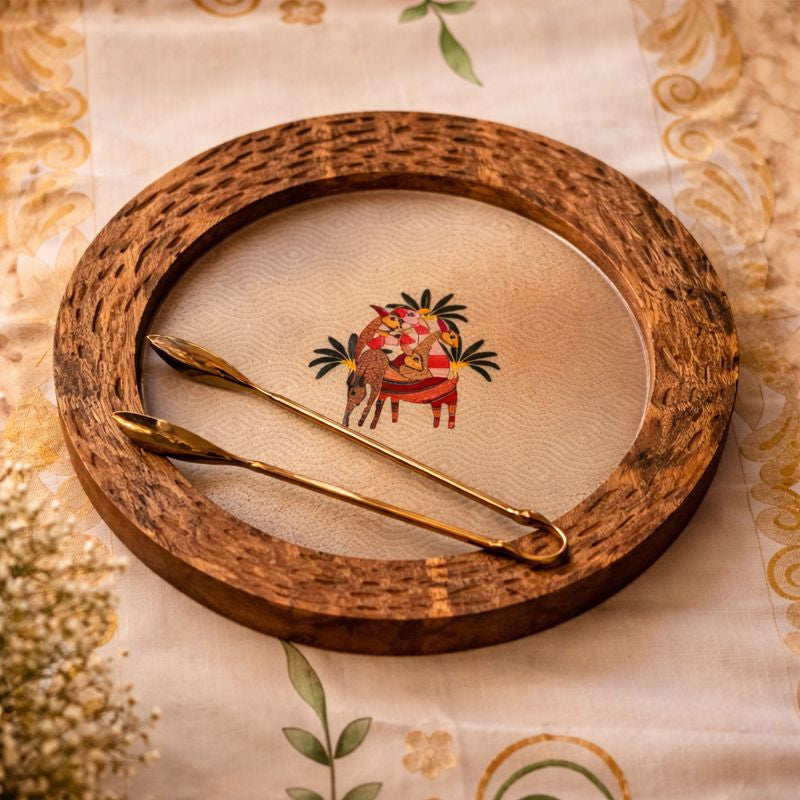 Sun Moon Wooden Platter - The Deer Story with Golden Tong