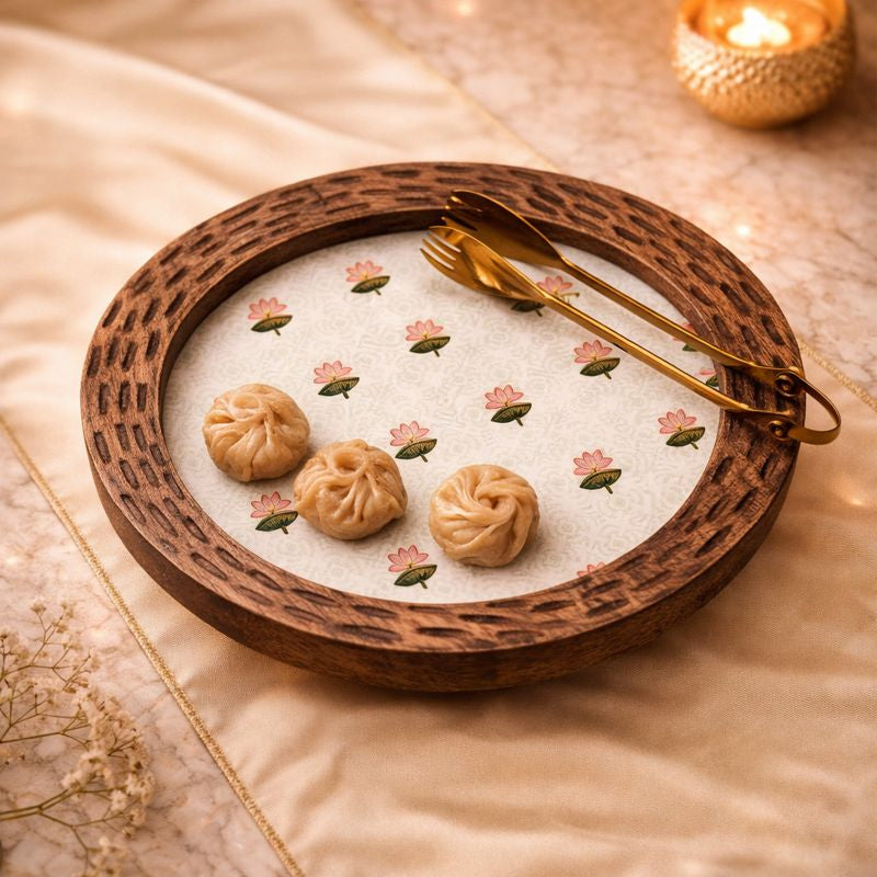 Sun Moon Wooden Platter - The Lotus Buti with Golden Tong