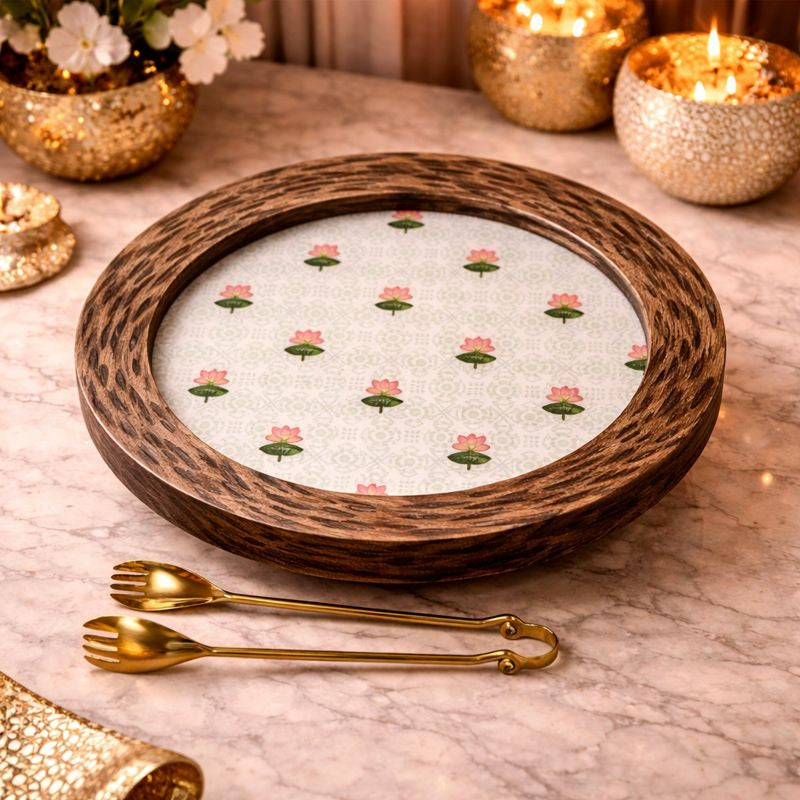 Sun Moon Wooden Platter - The Lotus Buti with Golden Tong