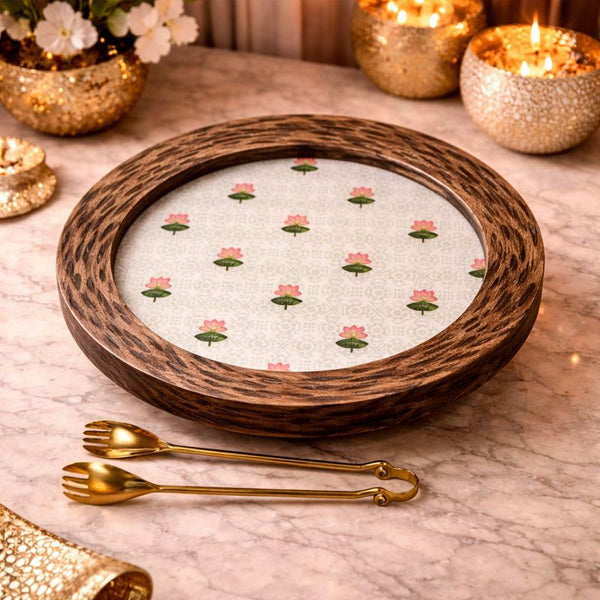 Sun Moon Wooden Platter - The Lotus Buti with Golden Tong