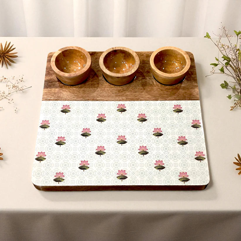 3 Bowl Wooden Snack Platter - The Lotus Buti
