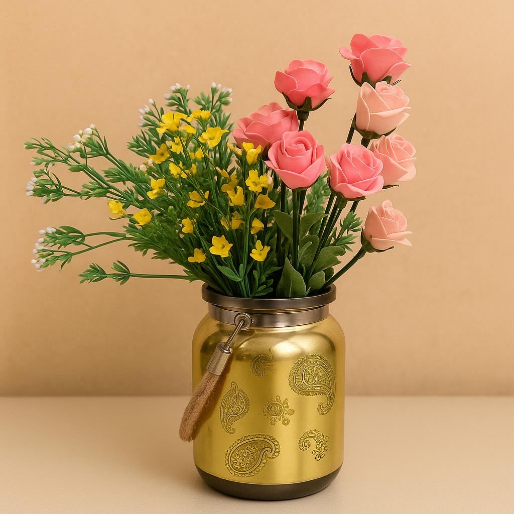 Vintage Gold Bloom Jar with Artificial Flowers
