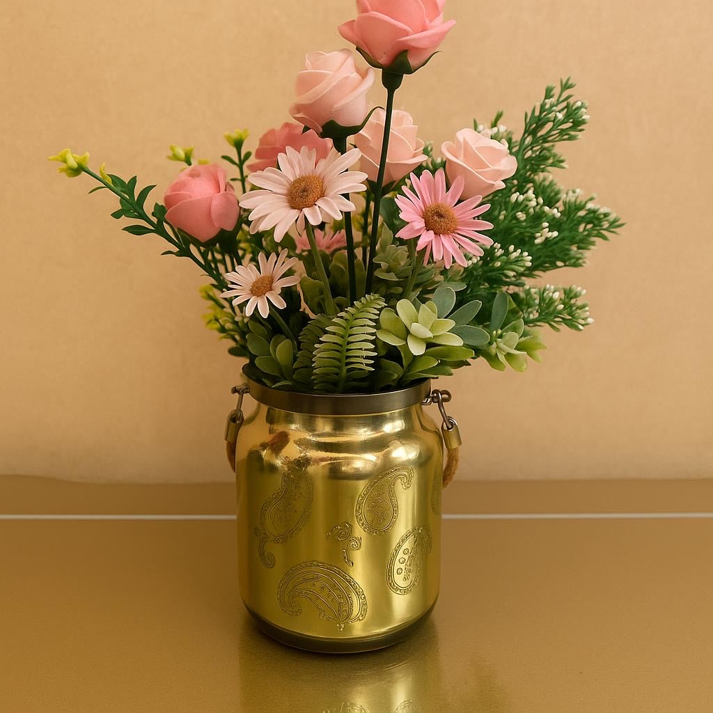 Vintage Gold Bloom Jar with Artificial Flowers