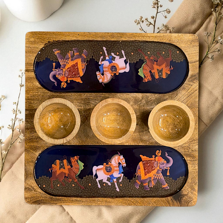 Wooden 2 Side 3 Bowl Platter - Blue Royalty