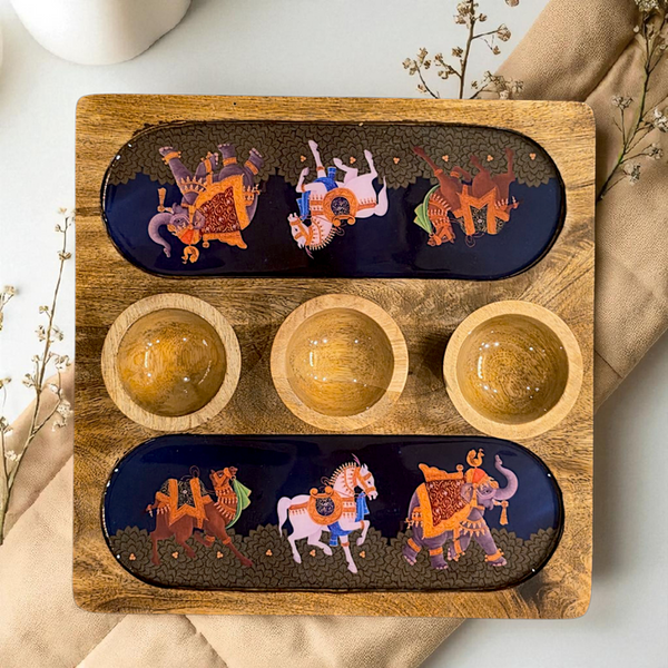 Wooden 2 Side 3 Bowl Platter - Blue Royalty