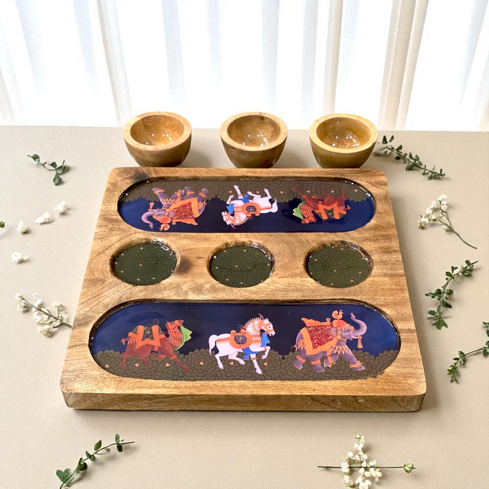 Wooden 2 Side 3 Bowl Platter - Blue Royalty