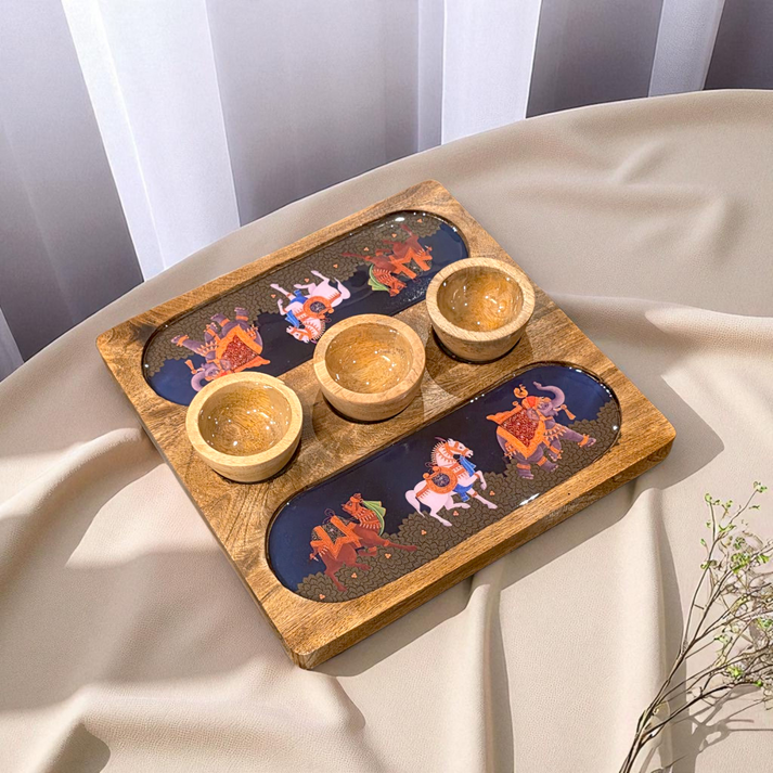 Wooden 2 Side 3 Bowl Platter - Blue Royalty