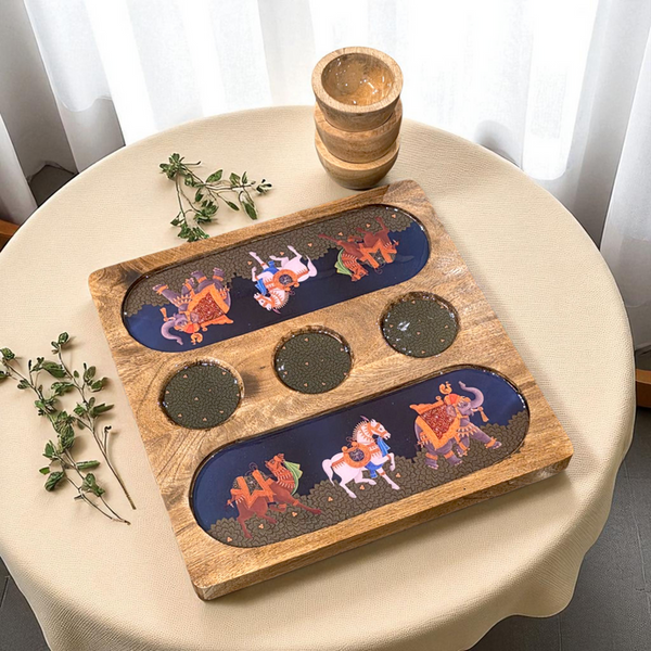 Wooden 2 Side 3 Bowl Platter - Blue Royalty