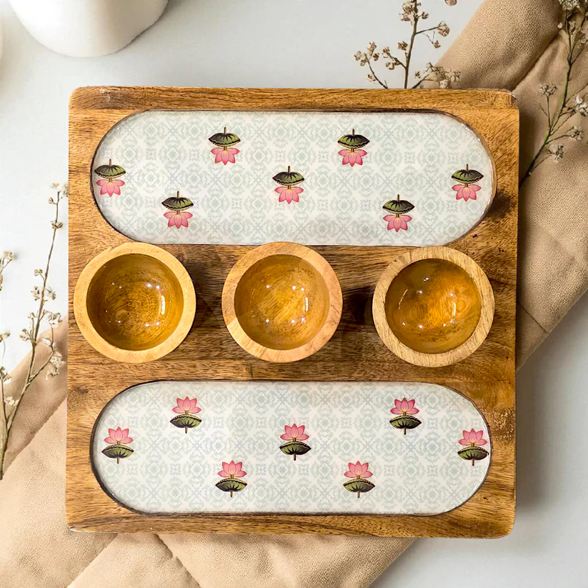 Wooden 2 Side 3 Bowl Platter - The Lotus Buti