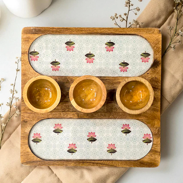 Wooden 2 Side 3 Bowl Platter - The Lotus Buti