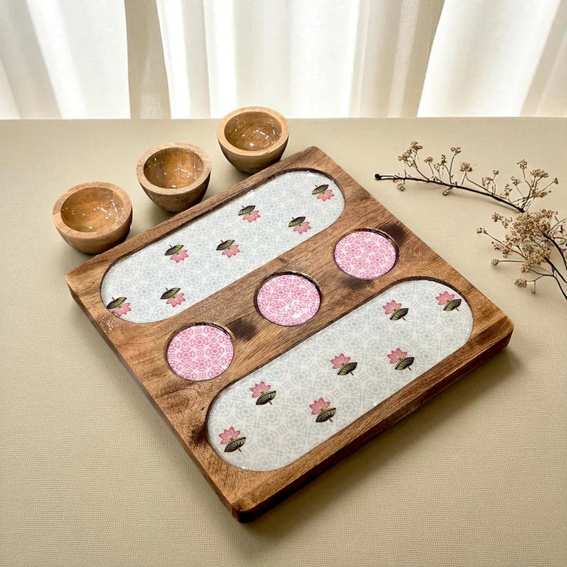 Wooden 2 Side 3 Bowl Platter - The Lotus Buti