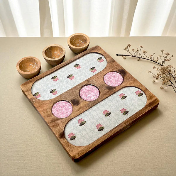 Wooden 2 Side 3 Bowl Platter - The Lotus Buti