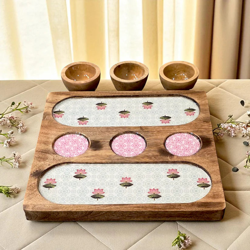 Wooden 2 Side 3 Bowl Platter - The Lotus Buti