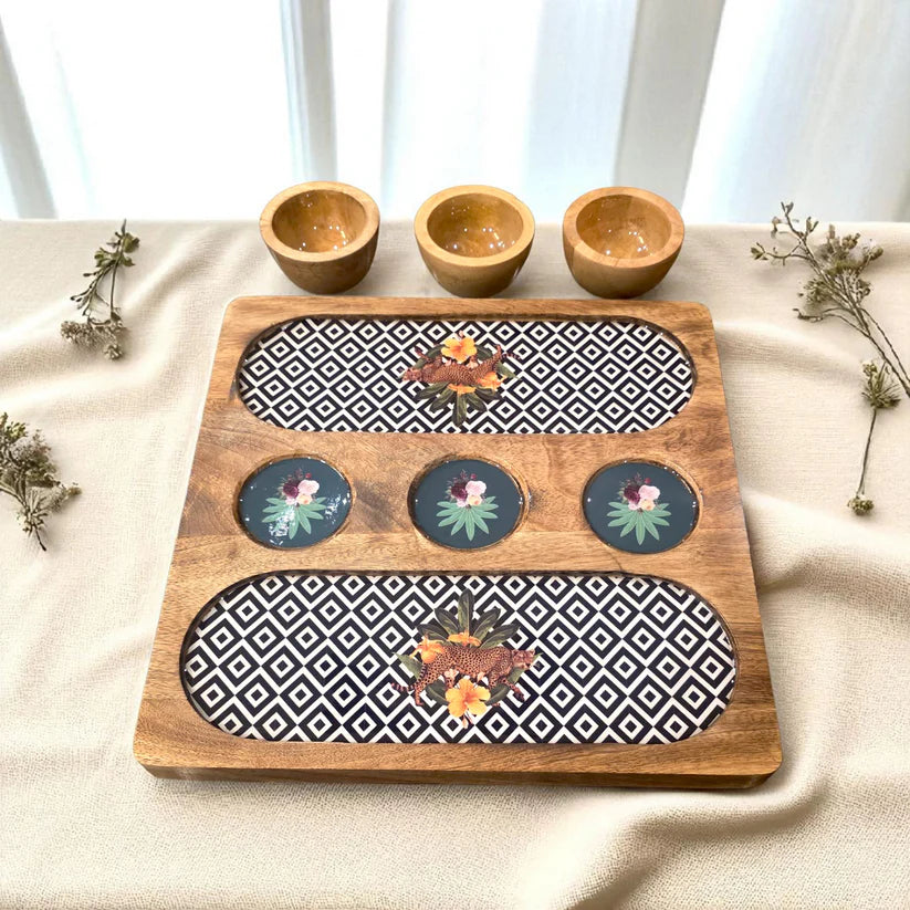 Wooden 2 Side 3 Bowl Platter - Botanical Extravaganza