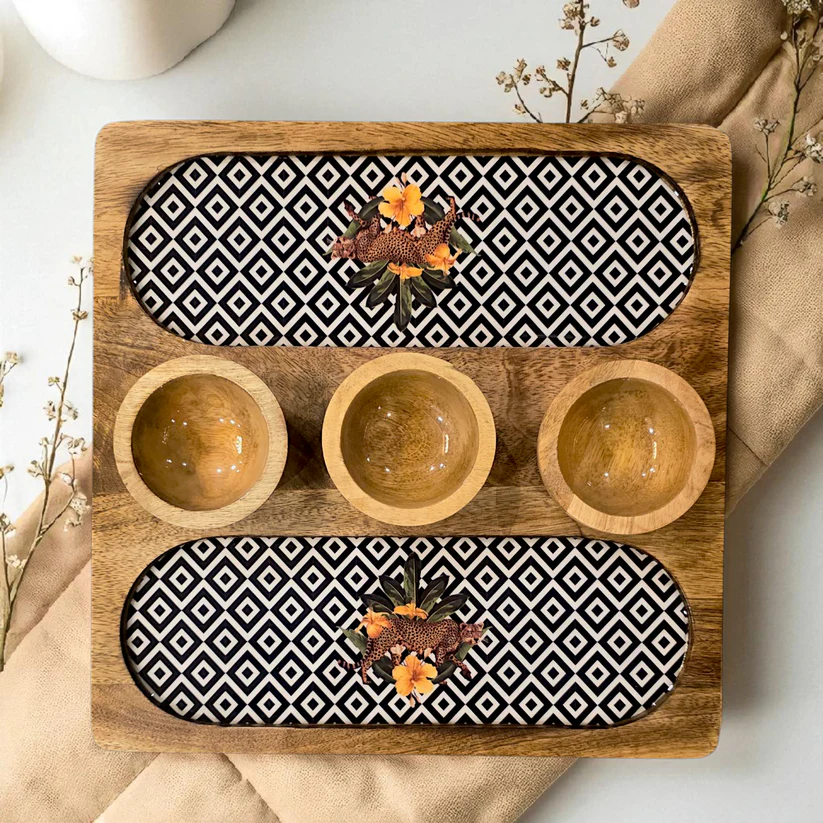 Wooden 2 Side 3 Bowl Platter - Botanical Extravaganza
