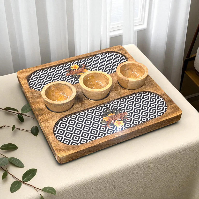 Wooden 2 Side 3 Bowl Platter - Botanical Extravaganza