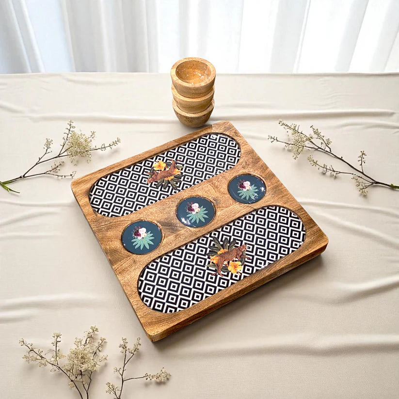 Wooden 2 Side 3 Bowl Platter - Botanical Extravaganza