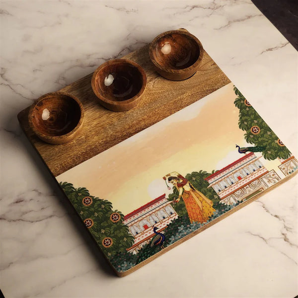 Wooden Snack Platter with 3 Bowls - Bagh-e-rangeen Samaa India
