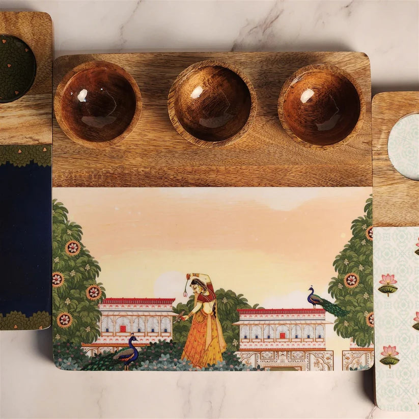 Wooden Snack Platter with 3 Bowls - Bagh-e-rangeen Samaa India